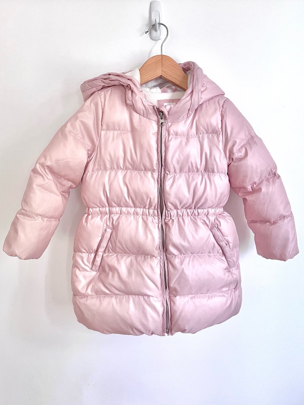 Gap Down Fill Long Puffer Coat, Hood, Fleece Lining, Pale Pink, Pockets